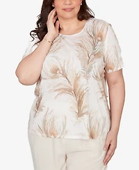 Alfred Dunner Plus Natural Wonder Feather Print Short sleeve T-shirt