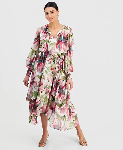 I.n.c. International Concepts Petite Bubble-Sleeve Tie-Waist Tiered Dress, Created for Macy's