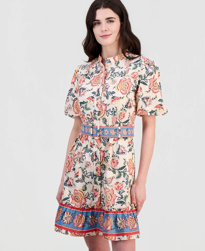 Sam Edelman Women's Poplin Short-Sleeve Belted Border-Print Mini Dress