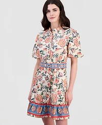 Sam Edelman Women's Poplin Short-Sleeve Belted Border-Print Mini Dress