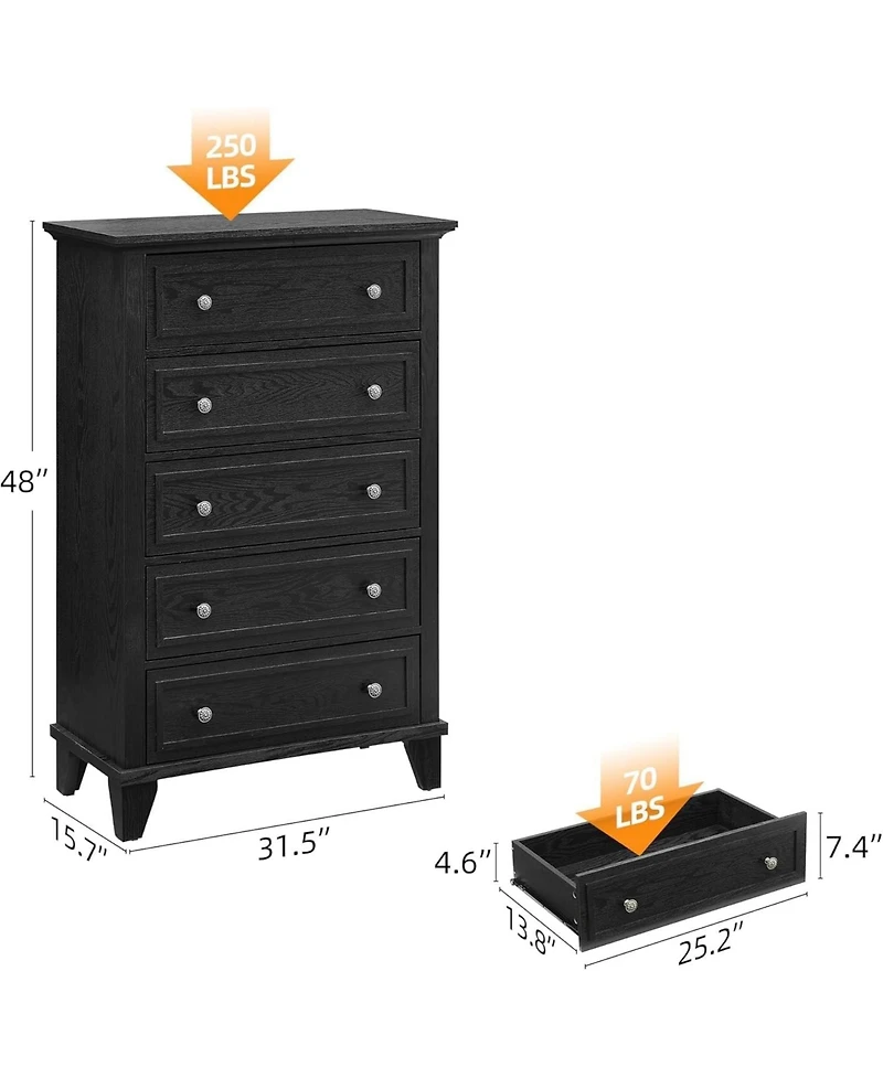 gaomon Dresser for Bedroom, 48" Tall 5-Drawer Chest of Drawers, Vintage Wooden Storage Closet, Living Room, or Hallway