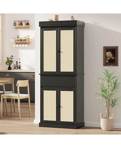 gaomon Tall Pantry Cabinet, Rattan Kitchen Pantry Storage Cabinet with Doors and Adjustable Shelves, 69" Freestanding Cupboard Cabinet with Drawer