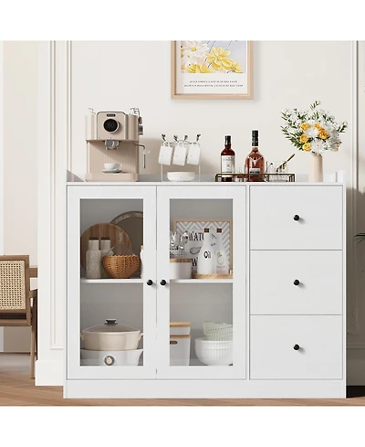 gaomon Buffet Cabinet with Storage, 43" Modern Sideboard Kitchen Cabinet with Guardrail Design & Adjustable Shelves & 3 Drawers, Wood Buffet Table