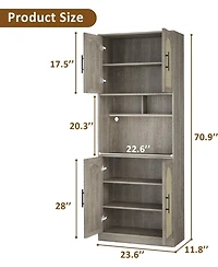 gaomon 71-inch wood construction features a countertop, Led light strip, adjustable storage, and a microwave shelf, designed as a tall pantry cabinet