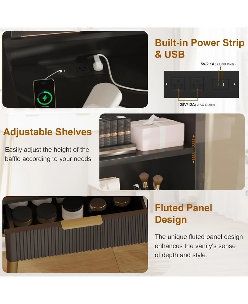 Gaomon 5 Drawer Makeup Vanity Desk Lights & Power Outlet, Modern Fluted Design for Bedrooms, Apartments