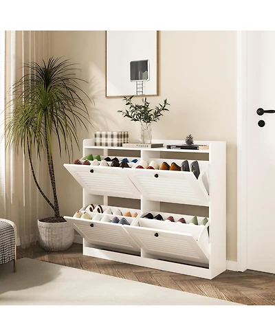 gaomon Large Shoe Storage Cabinet with 4 Flip Drawers, Narrow Entryway Shoe Organizer with Adjustable Shelves, White