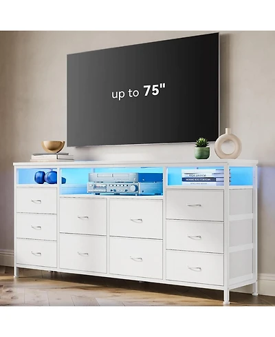 gaomon 63" Dresser with 10 Fabric Drawers, Wide Tv Stand Built-in Usb Ports & Led Lighting, Multi-Functional Storage Unit for 75 Inch