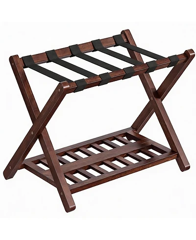 Yigii Bamboo Foldable Luggage Rack with Nylon Straps for Dual-Layer Storage