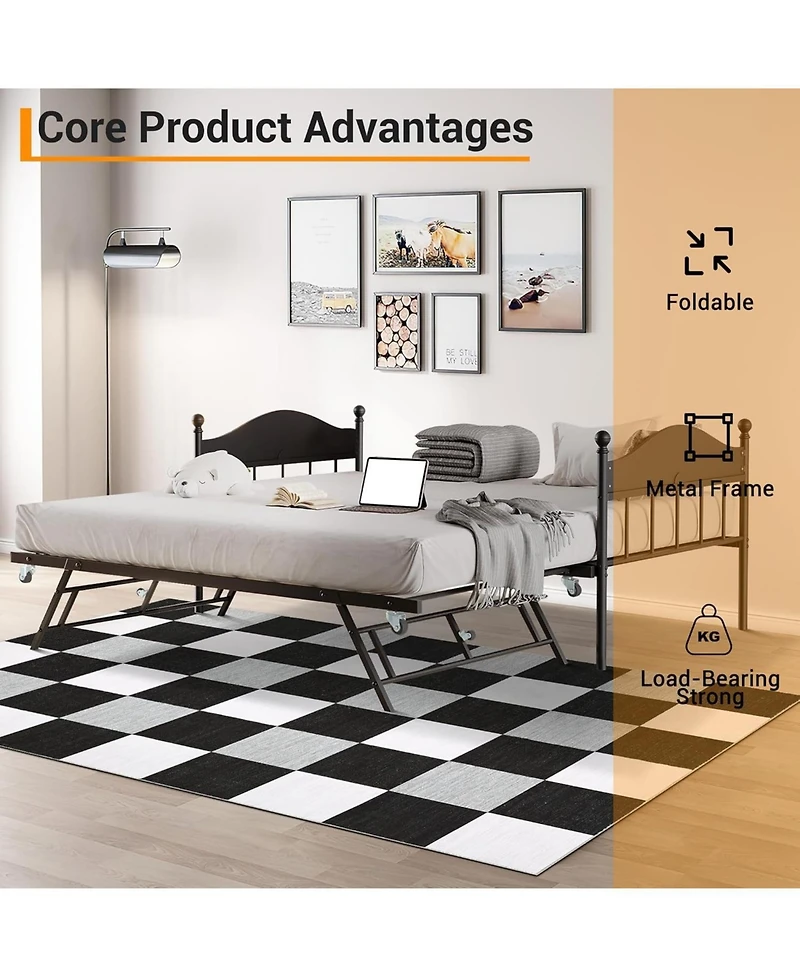 gaomon Twin Day Bed with Trundle Bed, Modern Sofa Frame Foldable Design, Metal & Heavy Duty Steel Slats
