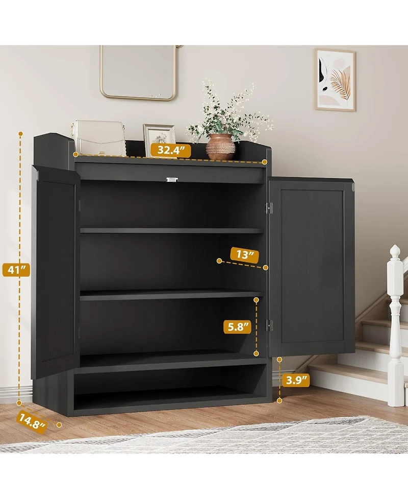 gaomon Rattan Shoe Cabinet with 4 Tier Storage Shelves, Modern Wooden Boho Double Doors, Tall Organizer for Entryway