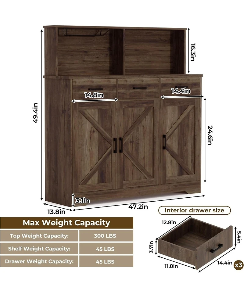 Gaomon Wooden Buffet Cabinet with Barn Doors, Microwave Stand, Drawers & Shelves – Coffee Bar Sideboard for Kitchen or Living Room