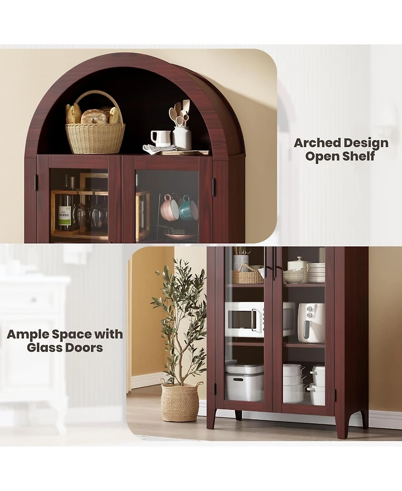 gaomon Arched Kitchen Pantry Cabinet, 5-Tier Open Shelf with Glass Doors, Farmhouse Storage for & Dining
