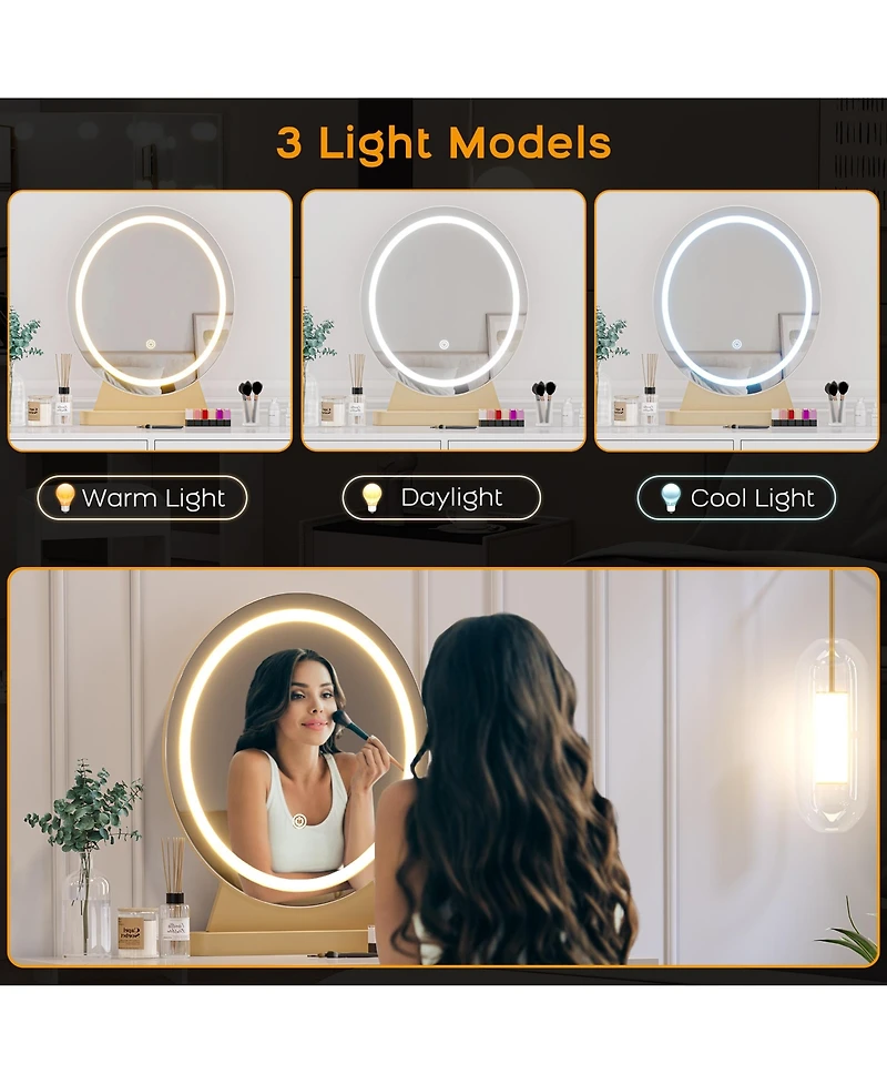 Gaomon White Makeup Vanity Stool Adjustable Lighted Vanity Table for Bedrooms, Apartments, Easy to Assemble