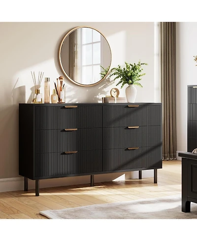 gaomon Modern Fluted 6 Drawer Dresser for Bedroom, Wide Chest of Drawers with Metal Handles and Legs, Wooden Tv Stand, Clothes Storage Cabinet