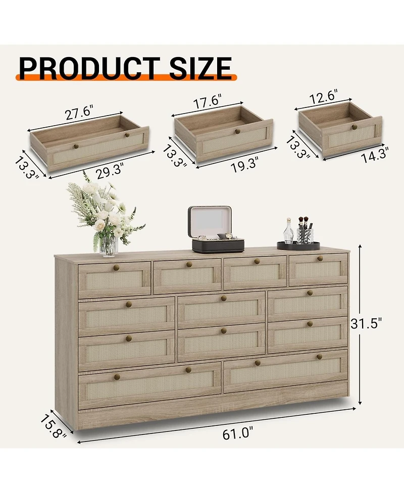 gaomon 12 Drawer Wood Dressers for Bedroom, Wooden Adult Modern Tv Stand Dresser 65 inch Tv, 61'' Wide Chest of Drawers