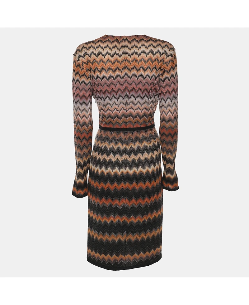Pre-Owned Missoni Women's Multicolor Zig Zag Print Rib Knit Long Sleeve V Neck Midi Dress