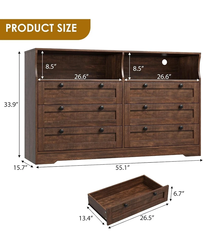 gaomon Dresser for Bedroom with 6 Drawers, 55" Wide Wooden Led Lights & Power Outlet, Modern Large Tv