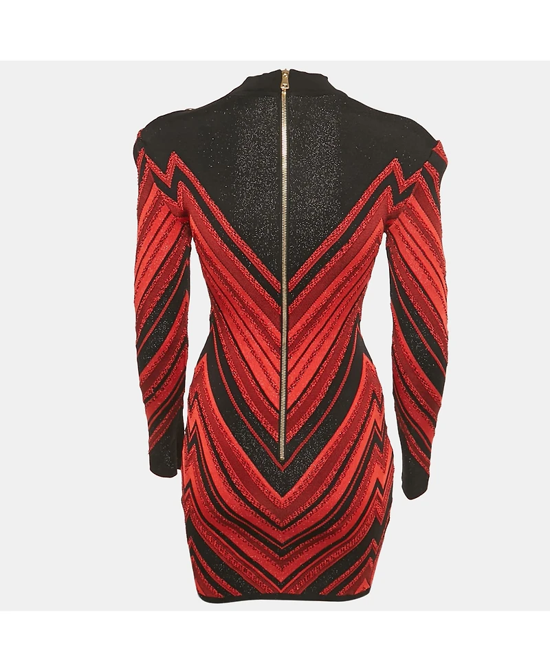 Pre-Owned Balmain Women's Red/black Chevron Lurex Knit Bodycon Dress