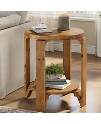 Tribesigns Solid Wood End Table, 2-Tier Round Sofa Side Table with Storage, Farmhouse Wooden Nightstand, Brown