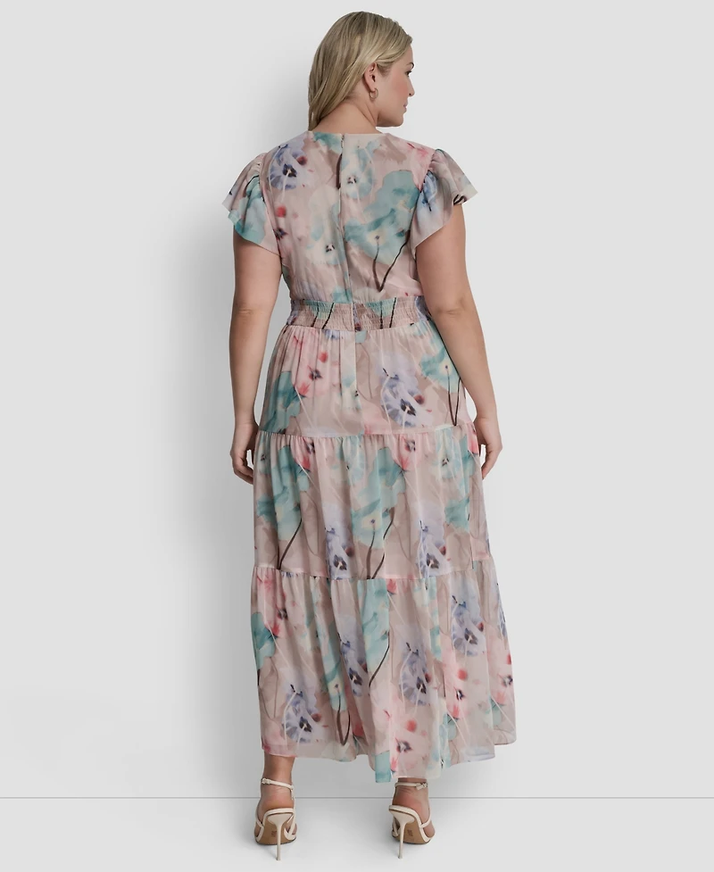 Dkny Plus Ruffle Short-Sleeve V-Neck Tie Waist Maxi Dress