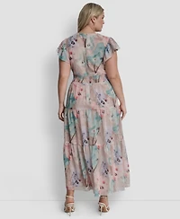 Dkny Plus Ruffle Short-Sleeve V-Neck Tie Waist Maxi Dress