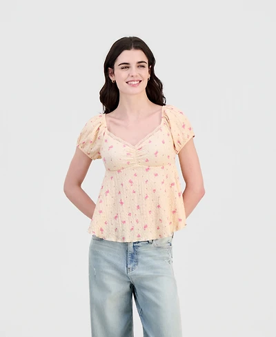 Hippie Rose Juniors' Puff-Sleeve Peplum Top