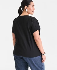 I.n.c. International Concepts Plus Short-Sleeve Lace-Shoulder Tee, Created for Macy's