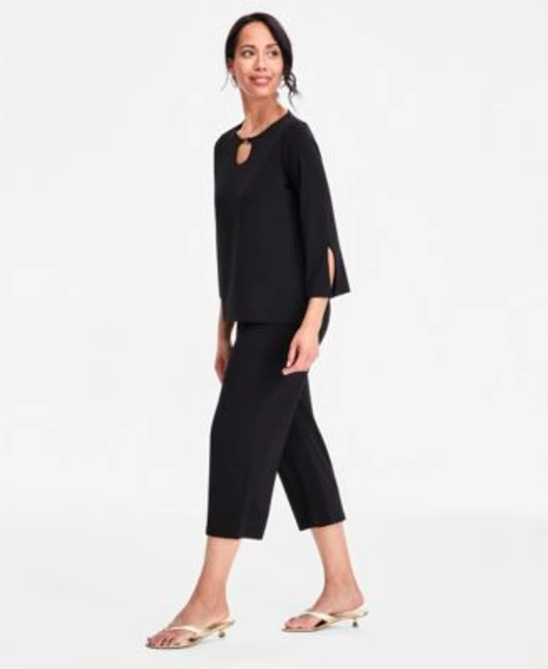 Jm Collection Womens Split Sleeve Keyhole Neck Top Relaxed Pull On Knit Culottes Macys Exclusive