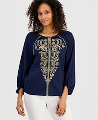 Jm Collection Women's Cotton Embroidered 3/4-Sleeve Top, Macy's Exclusive