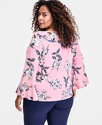 Jm Collection Plus Winding Leaves Flare Sleeve Boat Neck Top
