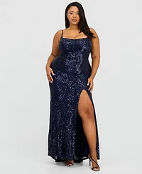 B Darlin Trendy Plus Patterned Sequined Back-Tie Gown
