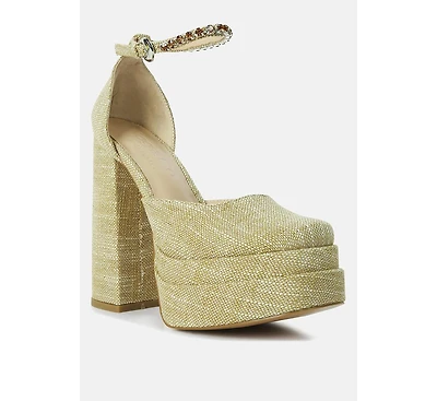 Cosette Diamante Embellished Ankle Strap High Block Heel Sandals Off White