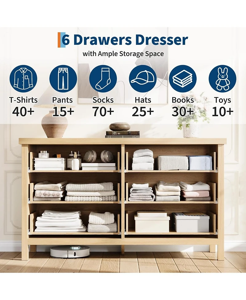 gaomon Fluted Dresser for Bedroom with 6 Drawers, 47.4 Wide Chest of Large Drawers Clothes Storage Cabinet, Wood Dresser, Tv Stand