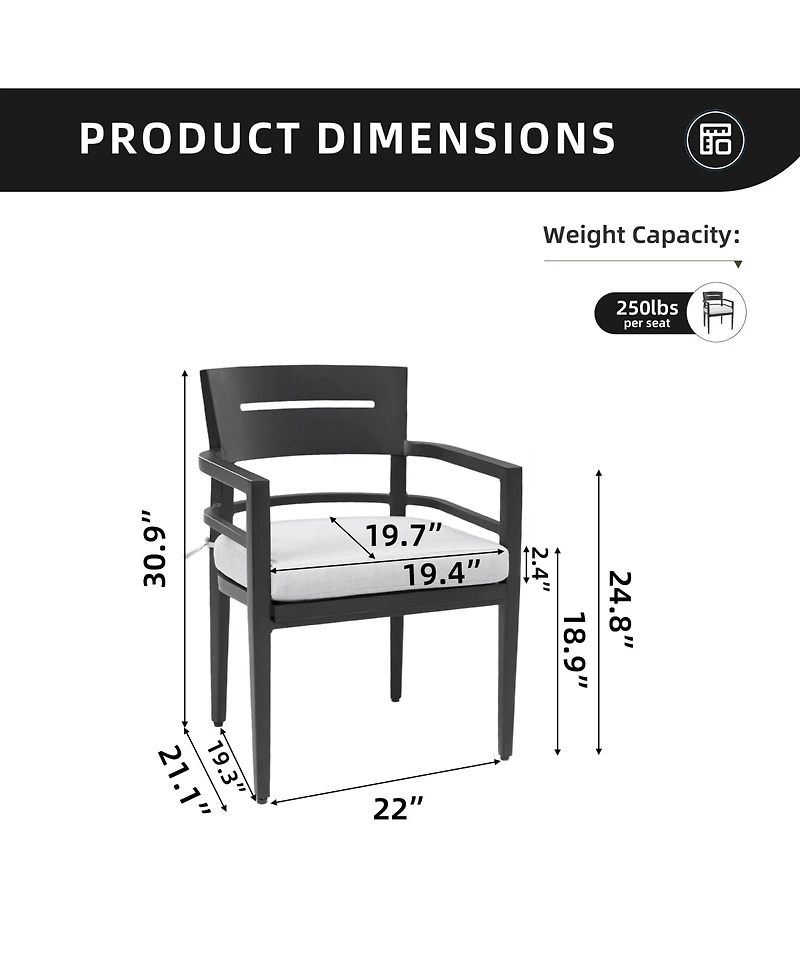 Flynama 4 Piece Ember Black Outdoor Aluminum Stationary Dining Chairs Sunbrella Fabric Cushions Tapered Feet for Patio Backyard Poolside