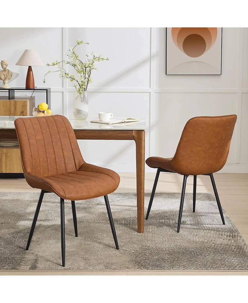 gaomon Set of 2 Modern Faux Leather Upholstered Dining Chairs, Linear Design Side Seating with Sturdy Metal Legs