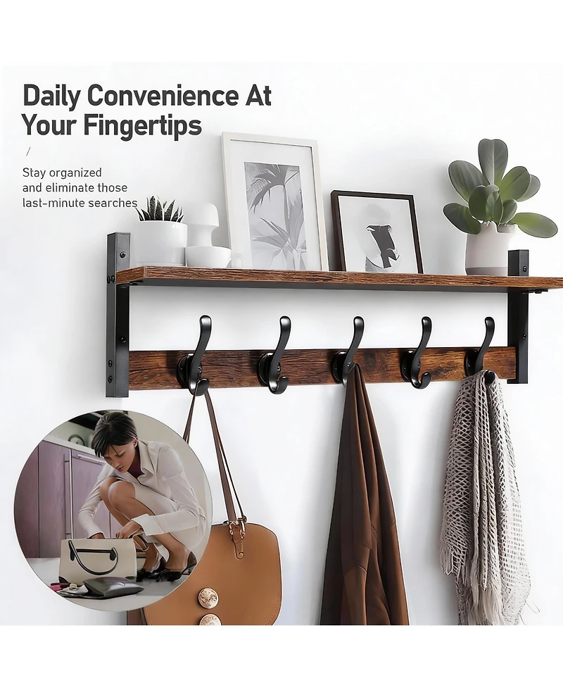 Yigii 20" Wall Shelf with Hooks - 60 lbs Capacity - Entryway Organizer - Stylish Decor