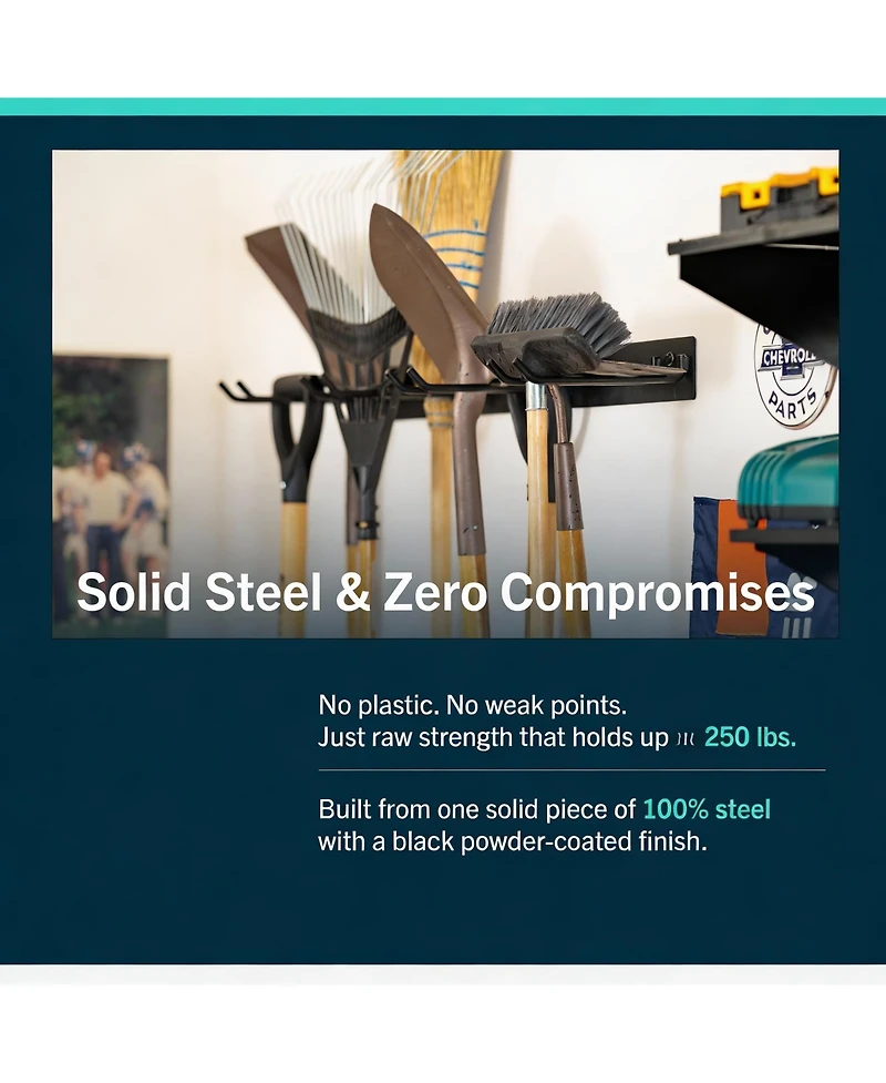 Yigii Wall-Mounted Garden Tool Rack - Heavy Duty Steel, 4 Hooks, 250lb Capacity