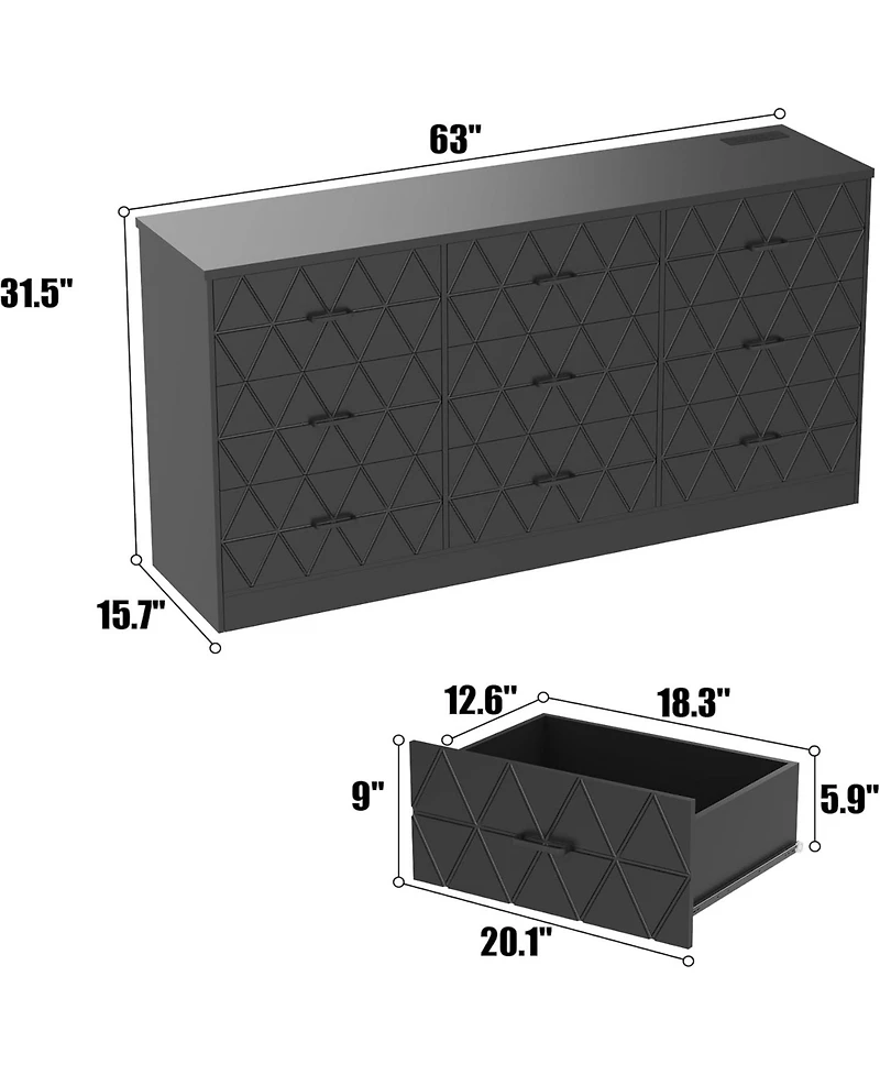 gaomon 9 Drawer Dresser, 63 Black Dresser for Bedroom with Power Outlet, Wide Drawer, Dressers Chests of Drawers