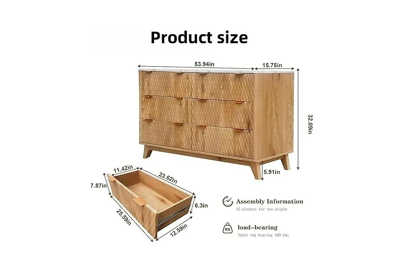 gaomon 54" Wide Drip Pattern 6 Drawers Dresser with Faux Marble Top, Bedroom Chest of Wood, Curved Profile Design
