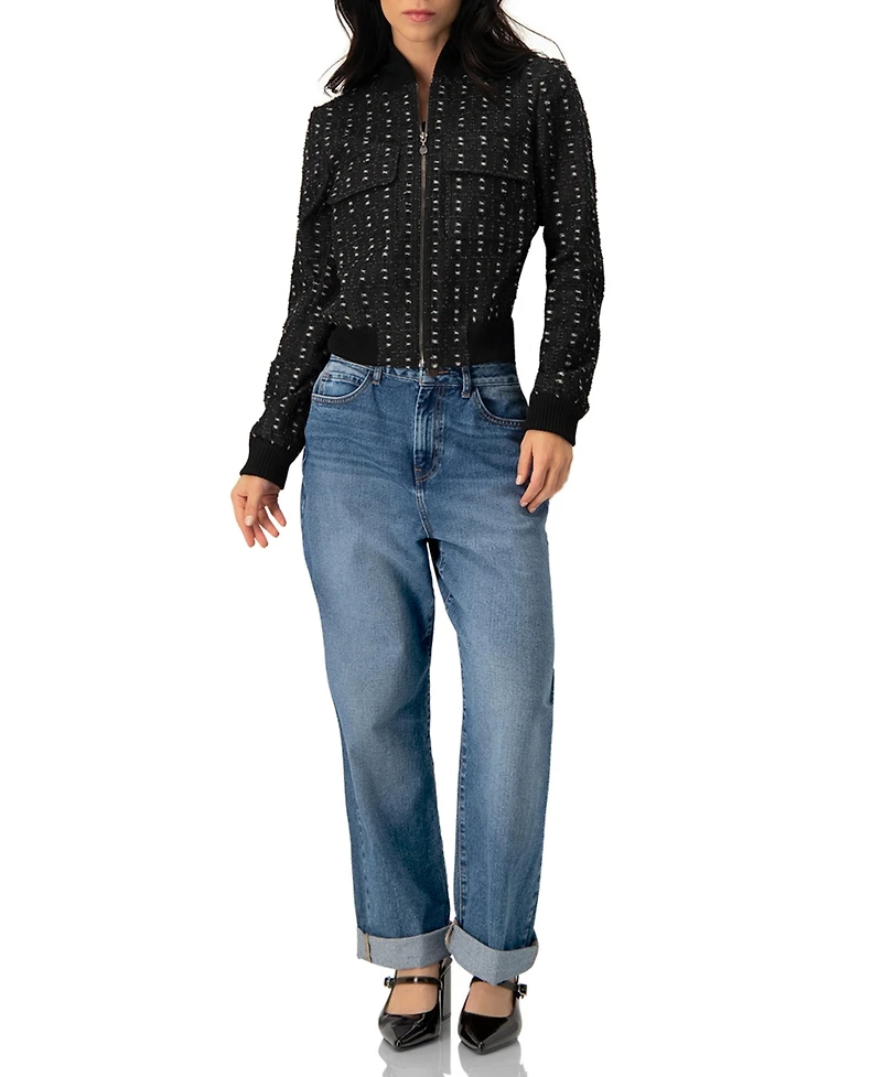 Ivonne Textured Denim Bomber Jacket with Front Zip