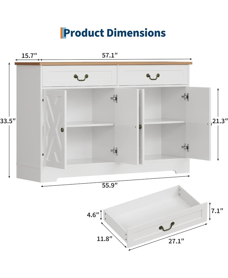 Gaomon 57" Farmhouse Buffet Cabinet with Storage, Sideboard with 4 Doors & 2 Drawers, White