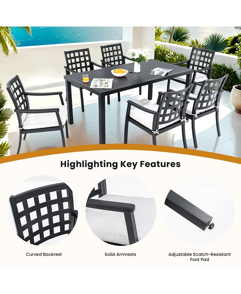 Flynama 2-Piece Modern Classic Cast Aluminum Outdoor Patio Dining Chairs Textured Ember Black Lattice Backrest Sunbrella Cushion Weather Resistant