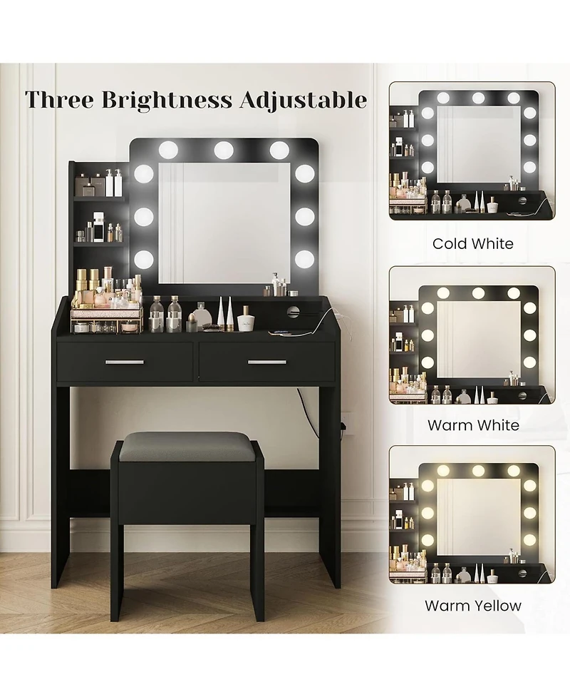 Gaomon Black Modern Lighted Mirror Vanity, Chic Makeup Dressing Table for Bedroom Decor