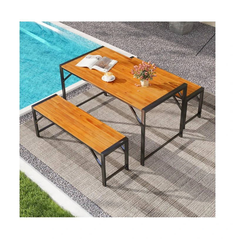 Mondawe 3 Pieces Patio Dining Set with Acacia Wood Dining Table and 2 Benches
