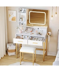 Gaomon White Lighted Mirror Vanity Desk, Multi-Purpose Makeup Table for Bedroom & Dressing Room
