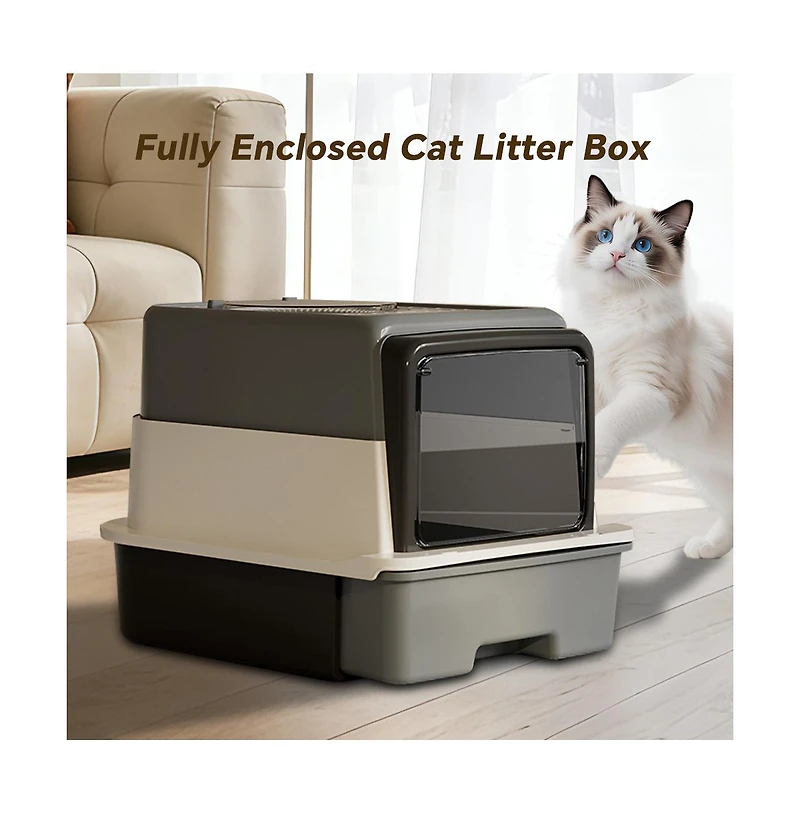 Aostirmotor 3-in-1 Modern Cat Litter Box with Hood, Tray & Mat, Grey