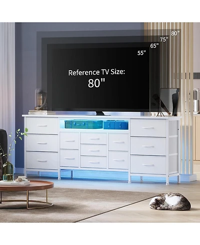 gaomon 70 Inch Long Dresser with 13 Drawers, Tv Stand for 65-80 Charging Station Led Lights, Fabric Storage Organizer Bedroom
