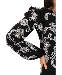 Ivonne Women's Blouse with White Embroidery and Ruffle Detail