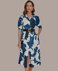 Donna Karan New York Women's Floral Belted A-Line Shirt Dress