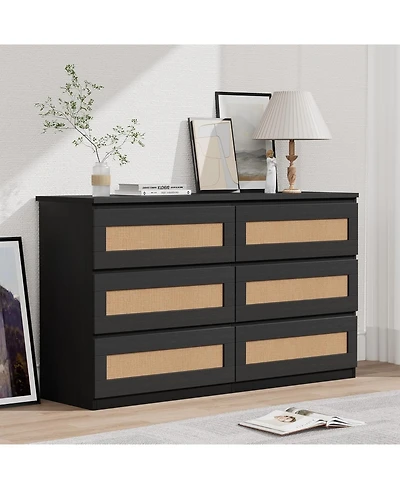 gaomon 6 Drawer Double Dresser for Bedroom, Rattan Bedroom with Smooth Mental Slide, Modern Wood Chest Living Room, Hallway,